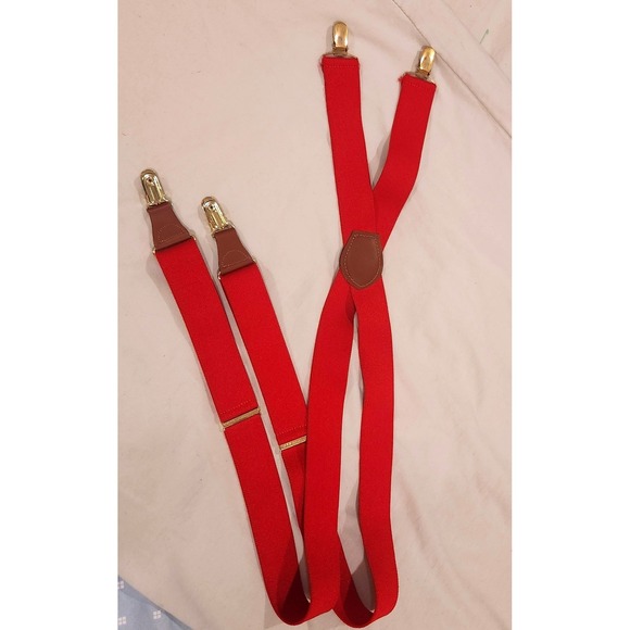 VTG Men's Red Suspenders CAS W Germany Y-Back Red w Brown Leather Clip Down - Picture 2 of 5